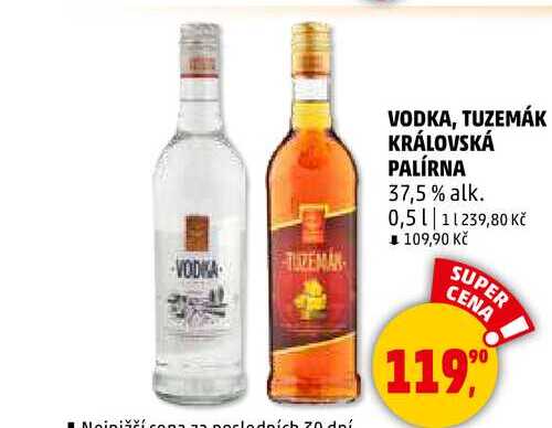 VODKA TUZEMAN VODKA, TUZEMÁK KRÁLOVSKÁ PALÍRNA 37,5% alk., 0,5  l