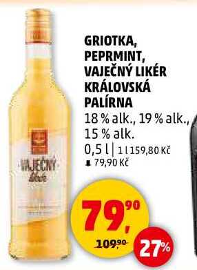 GRIOTKA, PEPRMINT, VAJEČNÝ LIKÉR KRÁLOVSKÁ PALÍRNA 18% alk., 19 % alk., 15% alk., 0,5 l