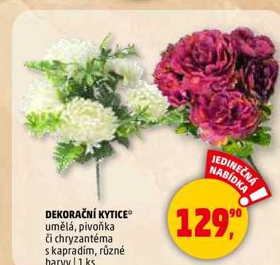 DEKORAČNÍ KYTICE umělá, pivoňka či chryzantéma s kapradím, různé barvy, 1 ks  