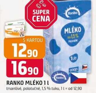 RANKO MLÉKO trvanlivé, polotučné, 1,5 % tuku, 1l