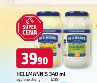 Hellmann's majonéza, tatarská omáčka 340ml, vybrané druhy