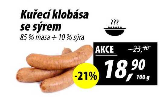 Kuřecí klobása se sýrem 85% masa + 10% sýra, 100 g