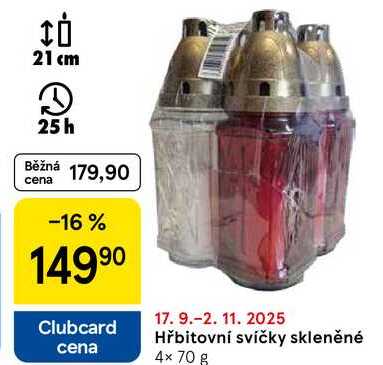 Hřbitovní svíčky skleněné, 4× 70 g 