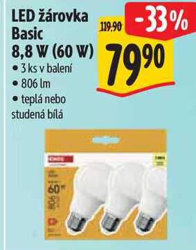 LED žárovka Basic 8,8 W (60 W), 3 ks  