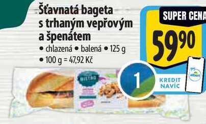 Šťavnatá bageta s trhaným vepřovým a špenátem, 125 g
