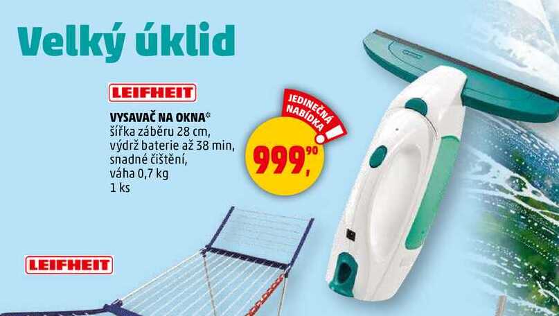 LEIFHEIT VYSAVAČ NA OKNA šířka záběru 28 cm, výdrž baterie až 38 min, snadné čištění, váha 0,7 kg, 1 ks 