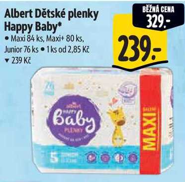 Albert Dětské plenky Happy Baby, Maxi 84 ks, Maxi+ 80 ks, Junior 76 ks