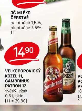 VELKOPOPOVICKÝ KOZEL 11, GAMBRINUS PATRON 12 světlý ležák 0,5l 