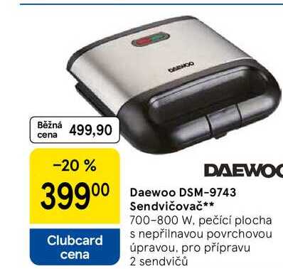 Daewoo DSM-9743 Sendvičovač, 700-800 W. pečící plocha s nepřilnavou povrchovou úpravou, pro přípravu 2 sendvičů 