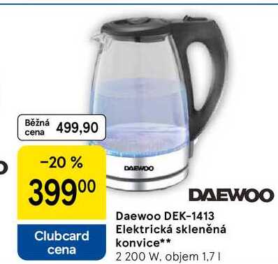 Daewoo DEK-1413 Elektrická skleněná konvice, 2 200 W. objem 1,7 l