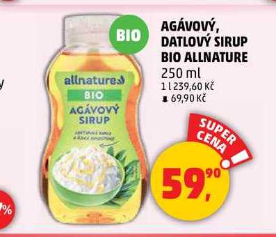 AGÁVOVÝ, DATLOVÝ SIRUP BIO ALLNATURE, 250 ml 