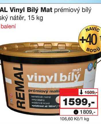 REMAL Vinyl Bílý Mat prémiový bílý malířský nátěr, 15 kg
