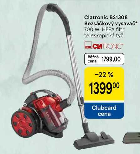 Clatronic BS1308 Bezsáčkový vysavač, 700 W, HEPA filtr, teleskopická tyč  