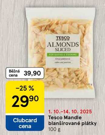 Tesco Mandle blanšírované plátky, 100 g 