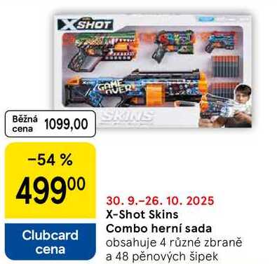 X-Shot Skins Combo herní sada obsahuje 4 různé zbraně a 48 pěnových šipek 