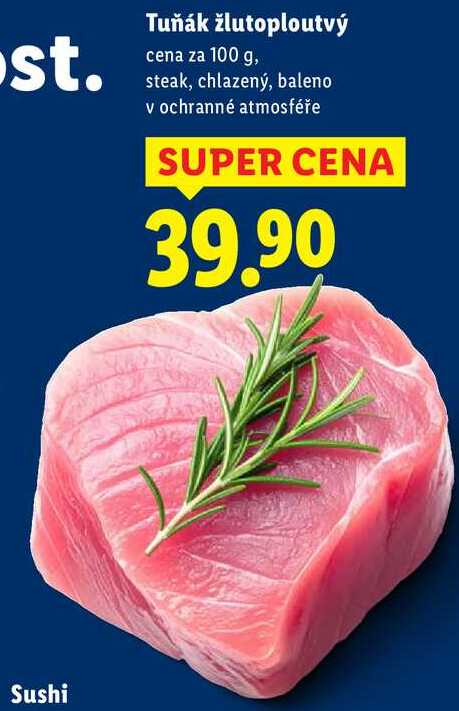 Tuňák žlutoploutvý, cena za 100 g