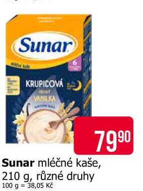 Sunar mléčné kaše, 210 g, různé druhy