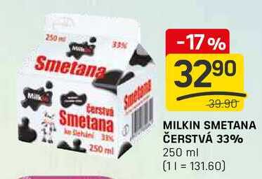 MILKIN SMETANA ČERSTVÁ 33% 250 ml  v akci