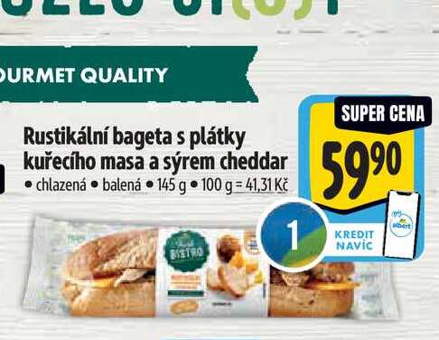   Rustikální bageta s plátky kuřecího masa a sýrem cheddar 145 g