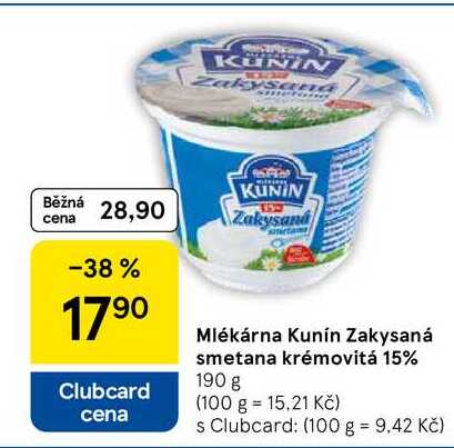 Mlékárna Kunín Zakysaná smetana krémovitá 15%, 190 g  