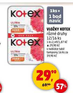 VLOŽKY KOTEX, 12/16 ks 