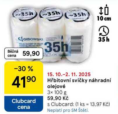 Hřbitovní svíčky náhradní olejové, 3× 100 g  