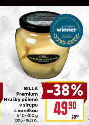 BILLA Premium Hrušky půlené v sirupu s vanilkou 540/300 g