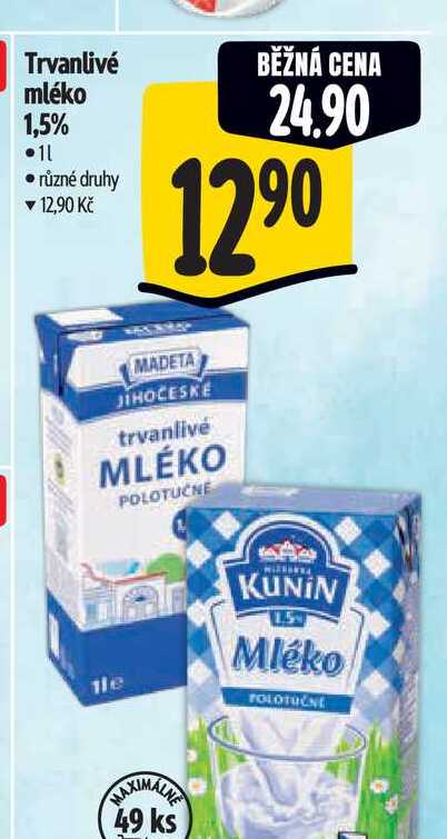 Trvanlivé mléko 1,5%  1 l