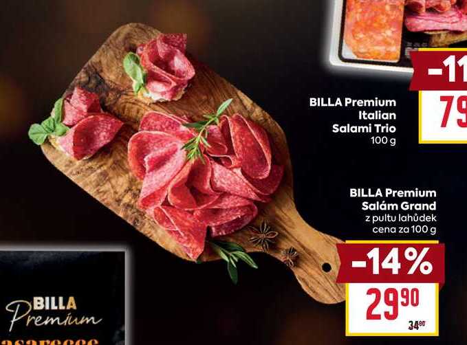 BILLA Premium Salám Grand z pultu lahůdek cena za 100 g 