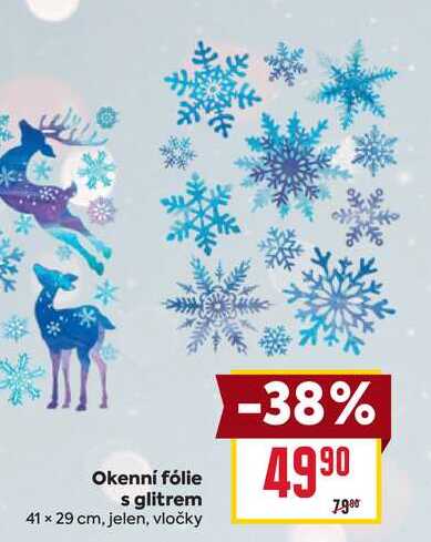 Okenní fólie s glitrem 41 x 29 cm, jelen, vločky