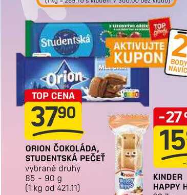 ORION ČOKOLÁDA, STUDENTSKÁ PEČEŤ vybrané druhy 85-90 g 