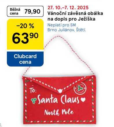 Vánoční závěsná obálka na dopis pro Ježíška