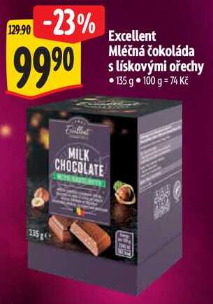 Excellent Mléčná čokoláda s lískovými ořechy, 135 g