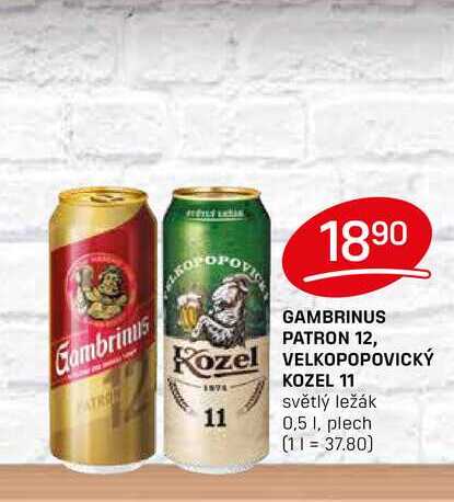 GAMBRINUS PATRON 12, VELKOPOPOVICKÝ KOZEL 11 světlý ležák 0,5l, plech