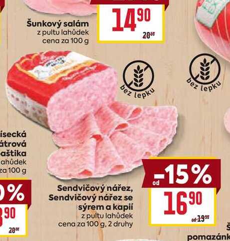 Sendvičový nářez, Sendvičový nářez se sýrem a kapií z pultu lahůdek cena za 100 g