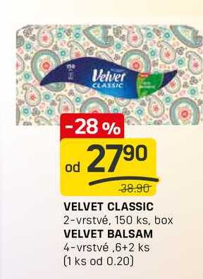 VELVET CLASSIC 2-vrstvé, 150 ks, box VELVET BALSAM 4-vrstvé,6+2 ks 