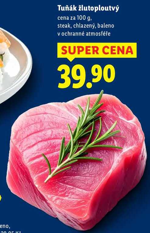 Tuňák žlutoploutvý, cena za 100 g