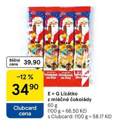 E + G Lízátko z mléčné čokolády, 60 g