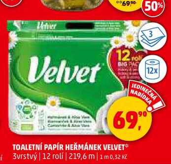 TOALETNÍ PAPÍR HEŘMÁNEK VELVET, 12 rolí 