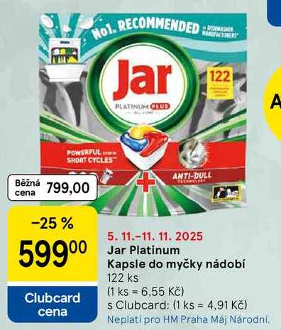 Jar Platinum Kapsle do myčky nádobí, 122 ks  