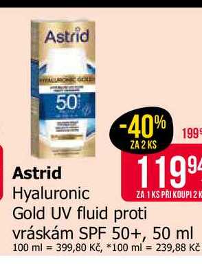 Astrid Hyaluronic Gold UV fluid proti vráskám SPF 50+, 50 ml 