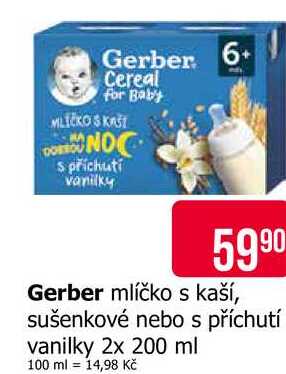 Gerber mlíčko s kaší, sušenkové nebo s příchutí vanilky 2x 200 ml