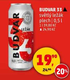 BUDVAR 33 světlý ležák plech, 0,5 l