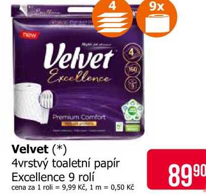 Velvet 4vrstvý toaletní papír Excellence 9 rolí 