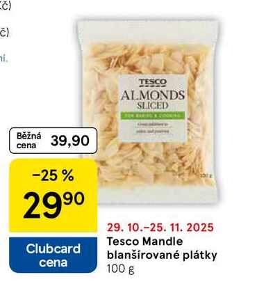 Tesco Mandle blanšírované plátky, 100 g