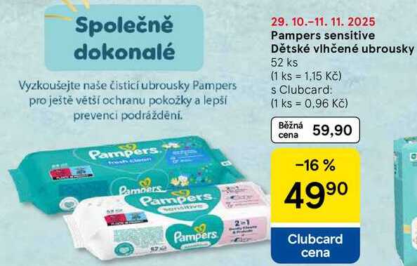 Pampers sensitive Dětské vlhčené ubrousky, 52 ks