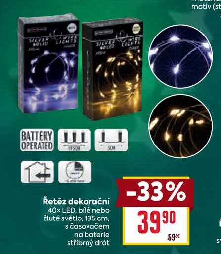 Řetěz dekorační 40x LED, bílé nebo žluté světlo, 195 cm, s časovačem na baterie stříbrný drát