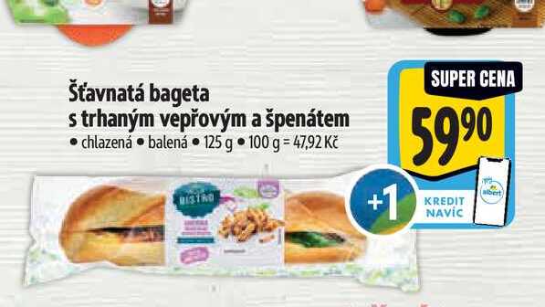 Šťavnatá bageta s trhaným vepřovým a špenátem  125 g