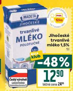 Jihočeské trvanlivé mléko 1,5% 1l