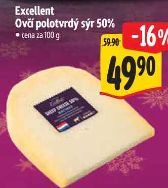 Excellent Ovčí polotvrdý sýr 50%, cena za 100 g